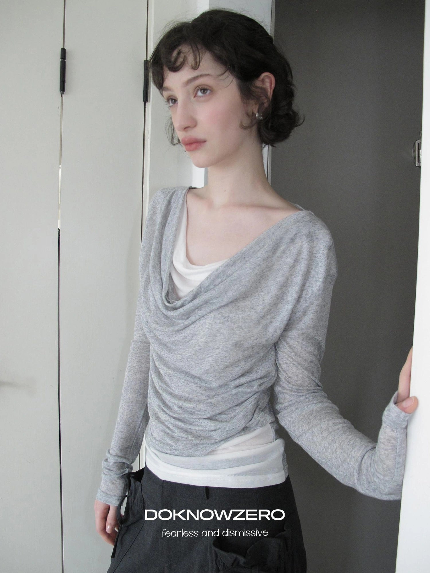 DKZ OFFICIAL Lightweight Rayon Draped Back Tie Up Long Sleeve Top