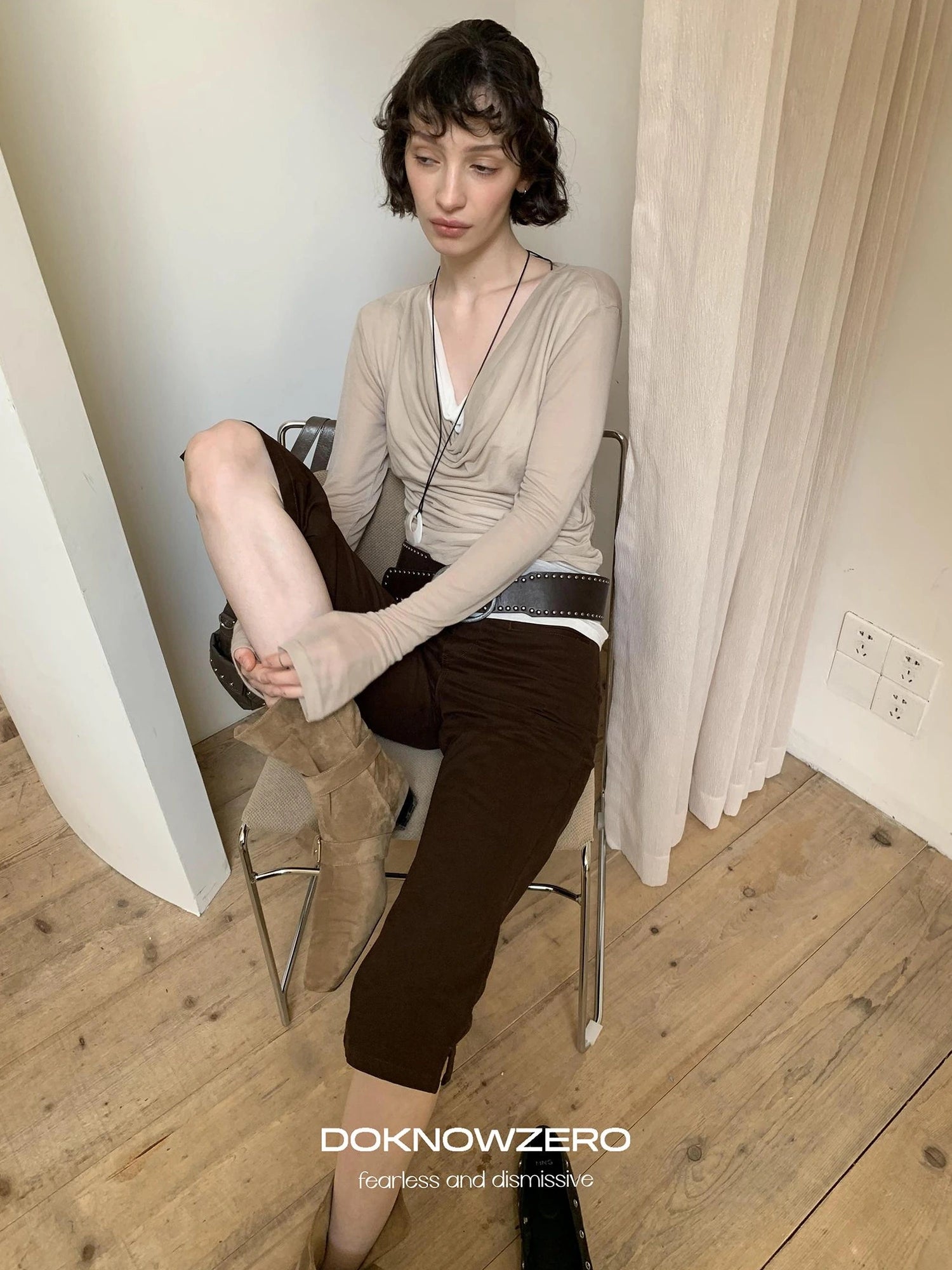 DKZ OFFICIAL Lightweight Rayon Draped Back Tie Up Long Sleeve Top