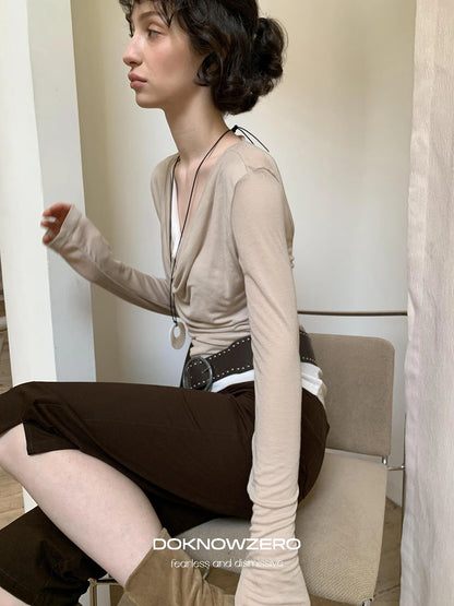 DKZ OFFICIAL Lightweight Rayon Draped Back Tie Up Long Sleeve Top