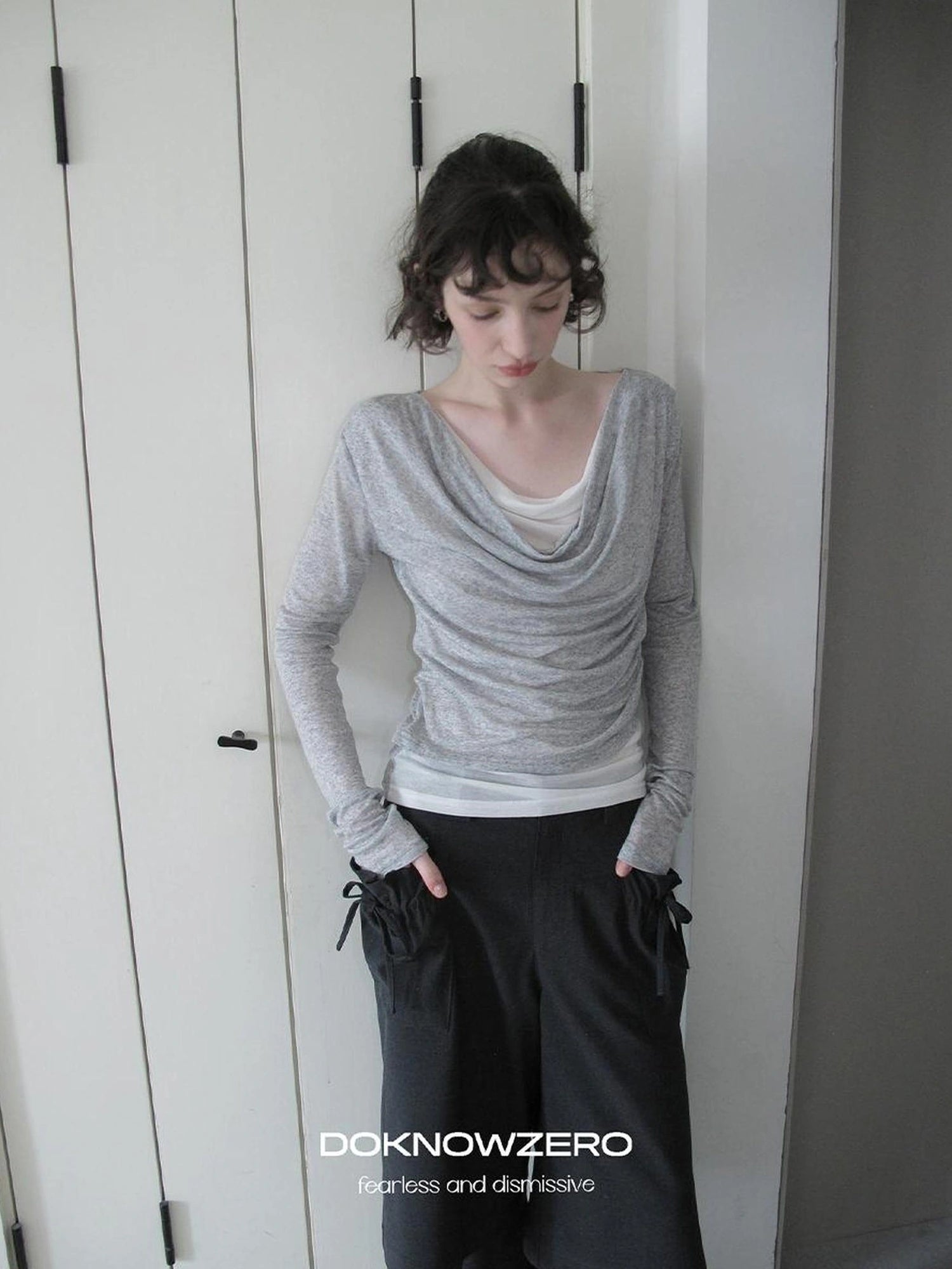 DKZ OFFICIAL Lightweight Rayon Draped Back Tie Up Long Sleeve Top