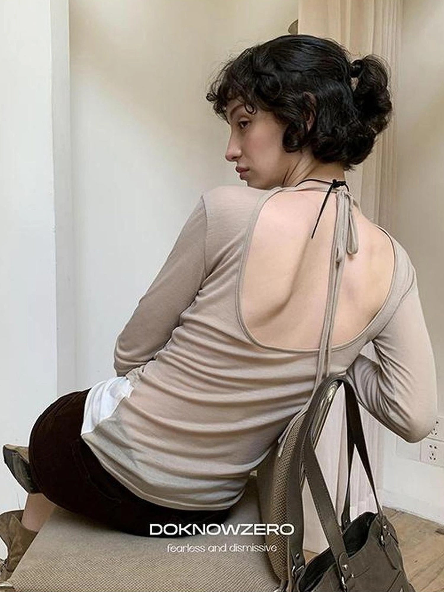 DKZ OFFICIAL Lightweight Rayon Draped Back Tie Up Long Sleeve Top