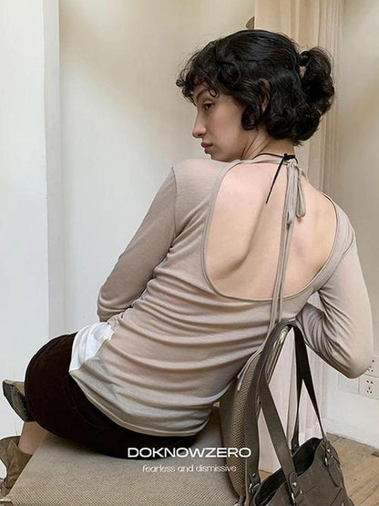 DKZ OFFICIAL Lightweight Rayon Draped Back Tie Up Long Sleeve Top