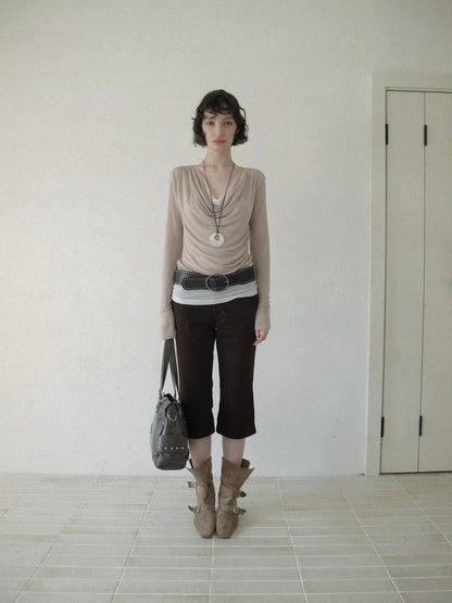 DKZ OFFICIAL Lightweight Rayon Draped Back Tie Up Long Sleeve Top