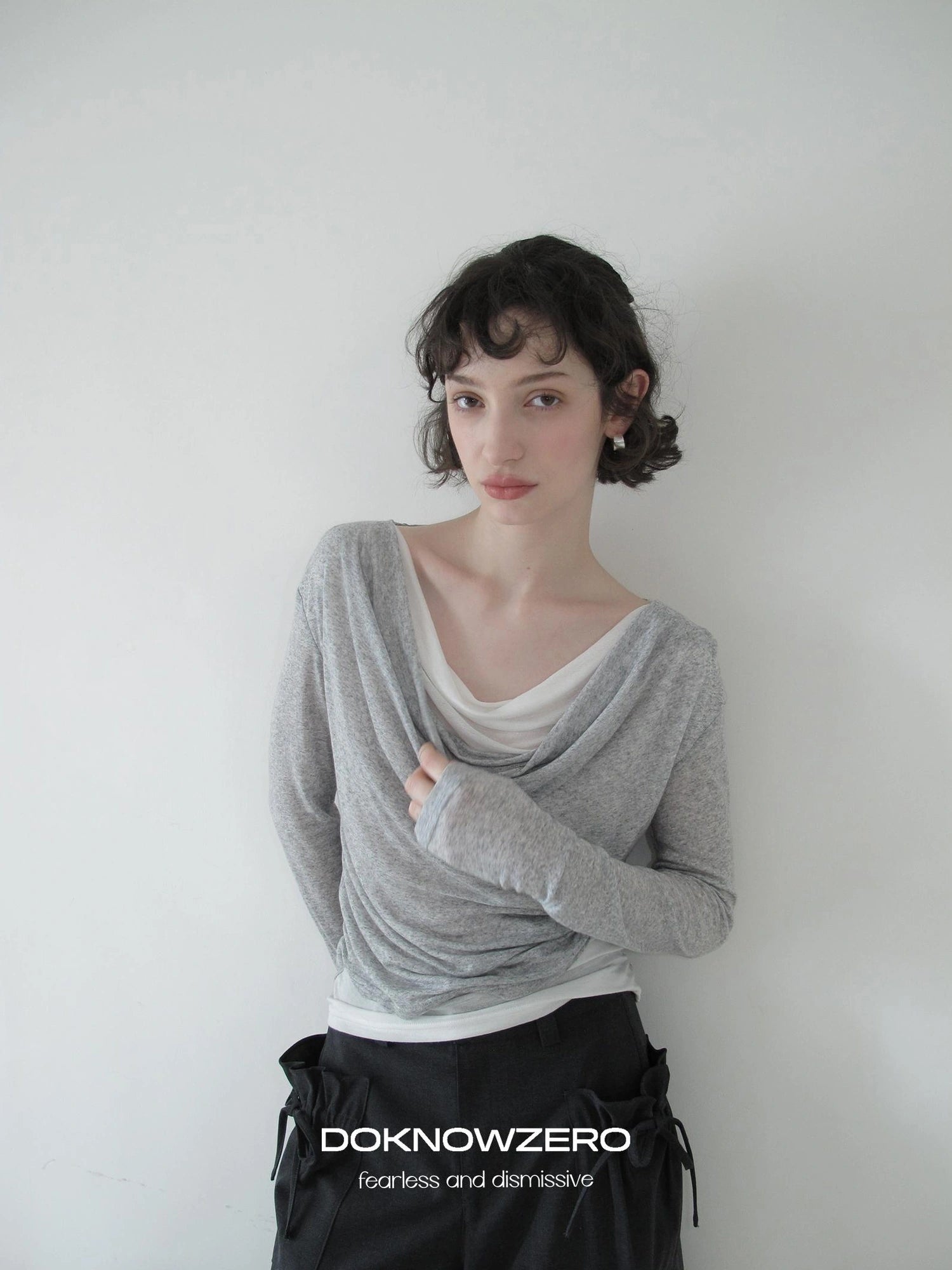 DKZ OFFICIAL Lightweight Rayon Draped Back Tie Up Long Sleeve Top