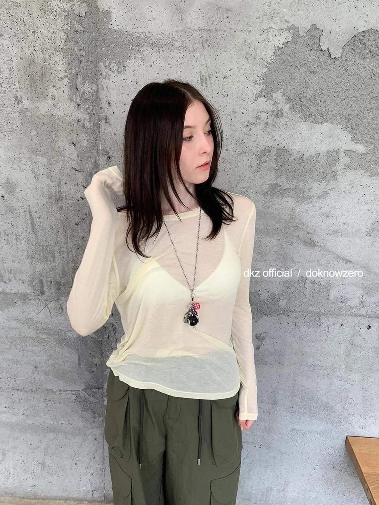 DKZ OFFICIAL Lightweight Summer Oversized Sheer Linen Blend Long Sleeve V-neck T-shirt