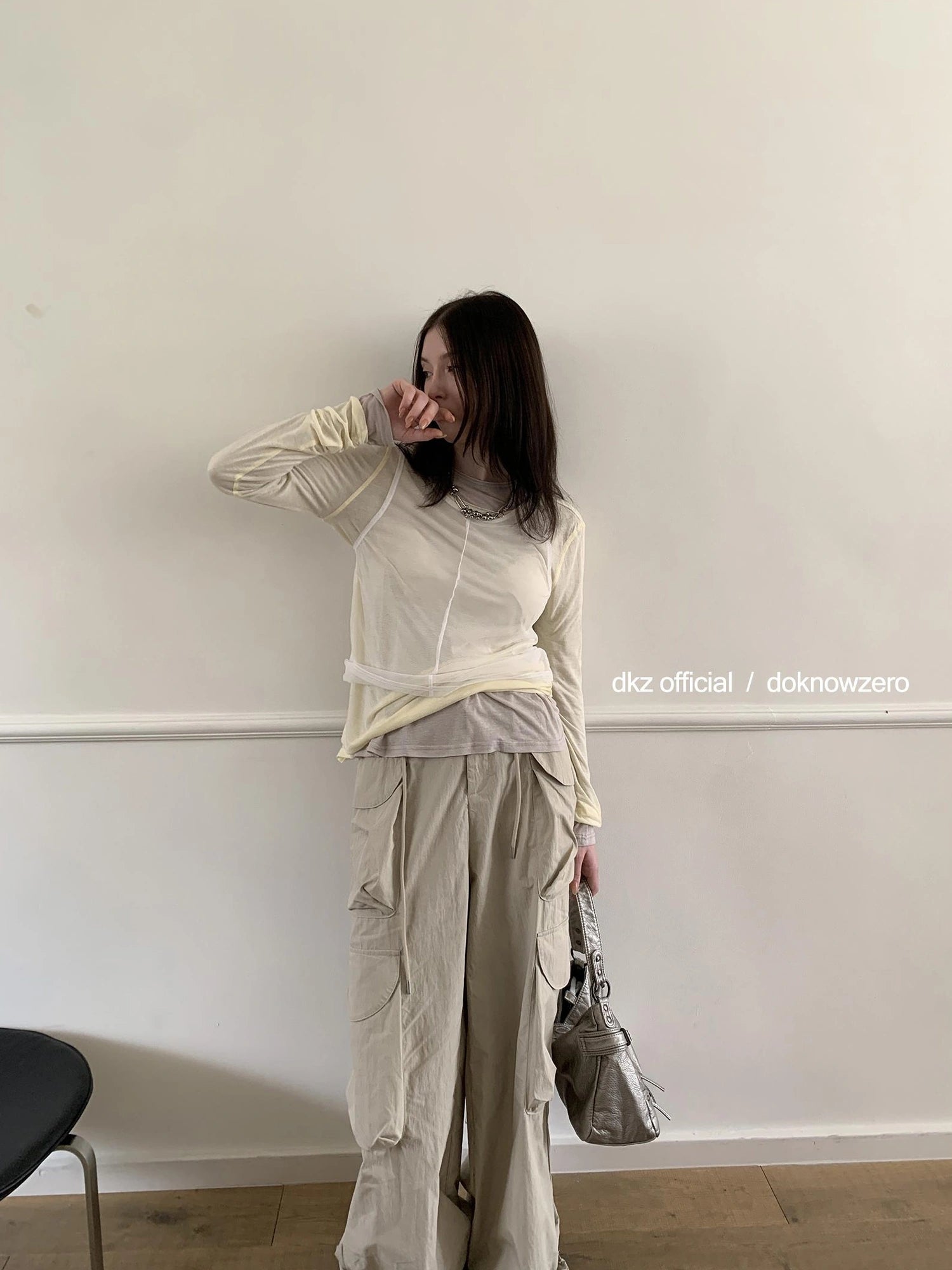 DKZ OFFICIAL Lightweight Summer Oversized Sheer Linen Blend Long Sleeve V-neck T-shirt