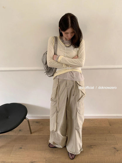 DKZ OFFICIAL Lightweight Summer Oversized Sheer Linen Blend Long Sleeve V-neck T-shirt