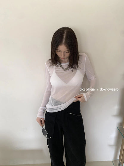 DKZ OFFICIAL Lightweight Summer Oversized Sheer Linen Blend Long Sleeve V-neck T-shirt