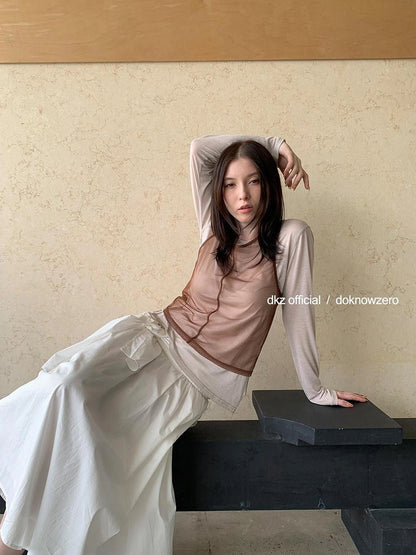 DKZ OFFICIAL Lightweight Summer Oversized Sheer Linen Blend Long Sleeve V-neck T-shirt