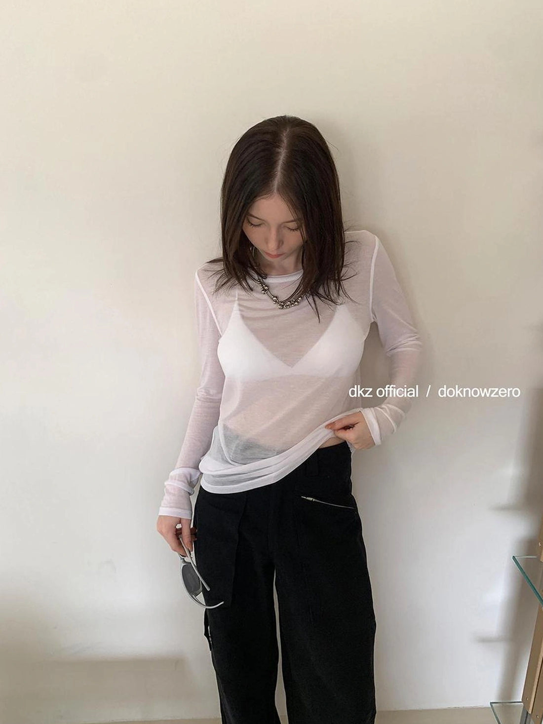 DKZ OFFICIAL Lightweight Summer Oversized Sheer Linen Blend Long Sleeve V-neck T-shirt