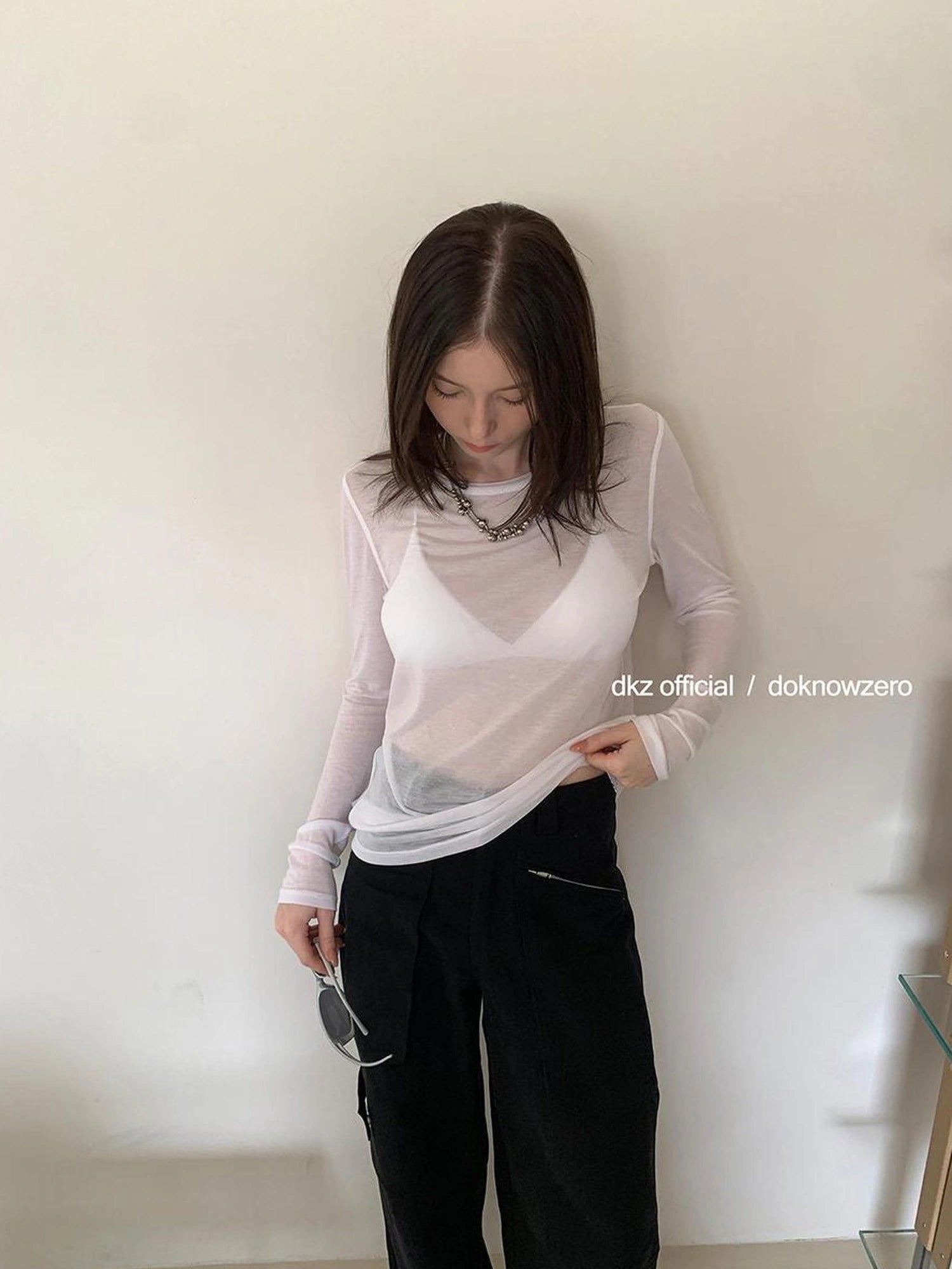 DKZ OFFICIAL Lightweight Summer Oversized Sheer Linen Blend Long Sleeve V-neck T-shirt
