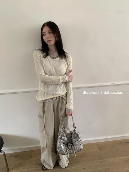 DKZ OFFICIAL Lightweight Summer Oversized Sheer Linen Blend Long Sleeve V-neck T-shirt