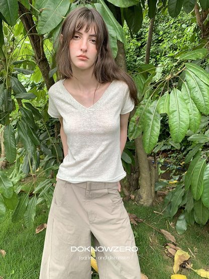 DKZ OFFICIAL Linen Feel V-neck Slim Fit Women&