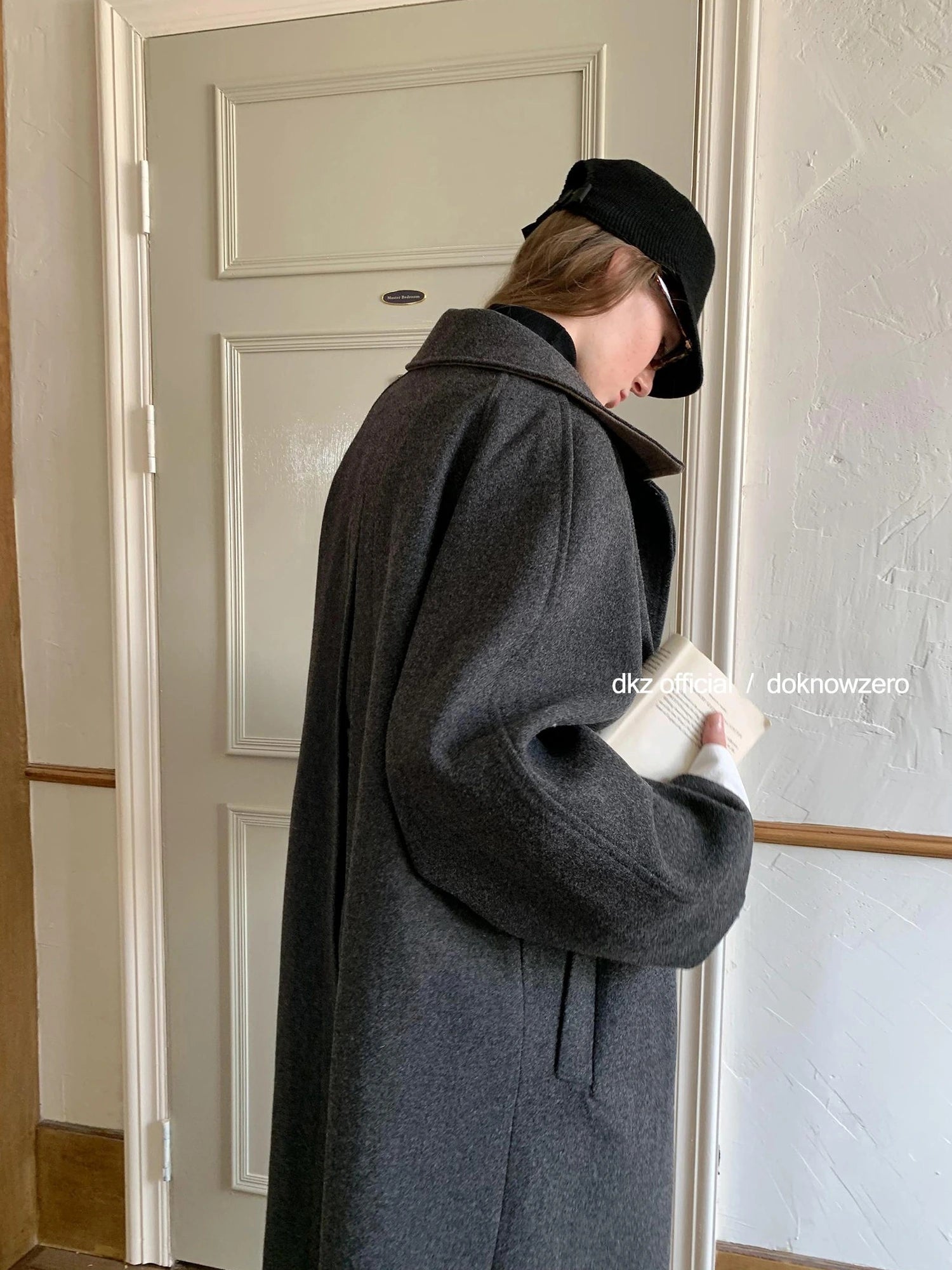 DKZ OFFICIAL Long Grey Wool Blend Coat For Women Relaxed Vintage Collar