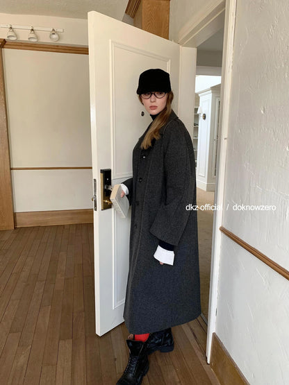 DKZ OFFICIAL Long Grey Wool Blend Coat For Women Relaxed Vintage Collar