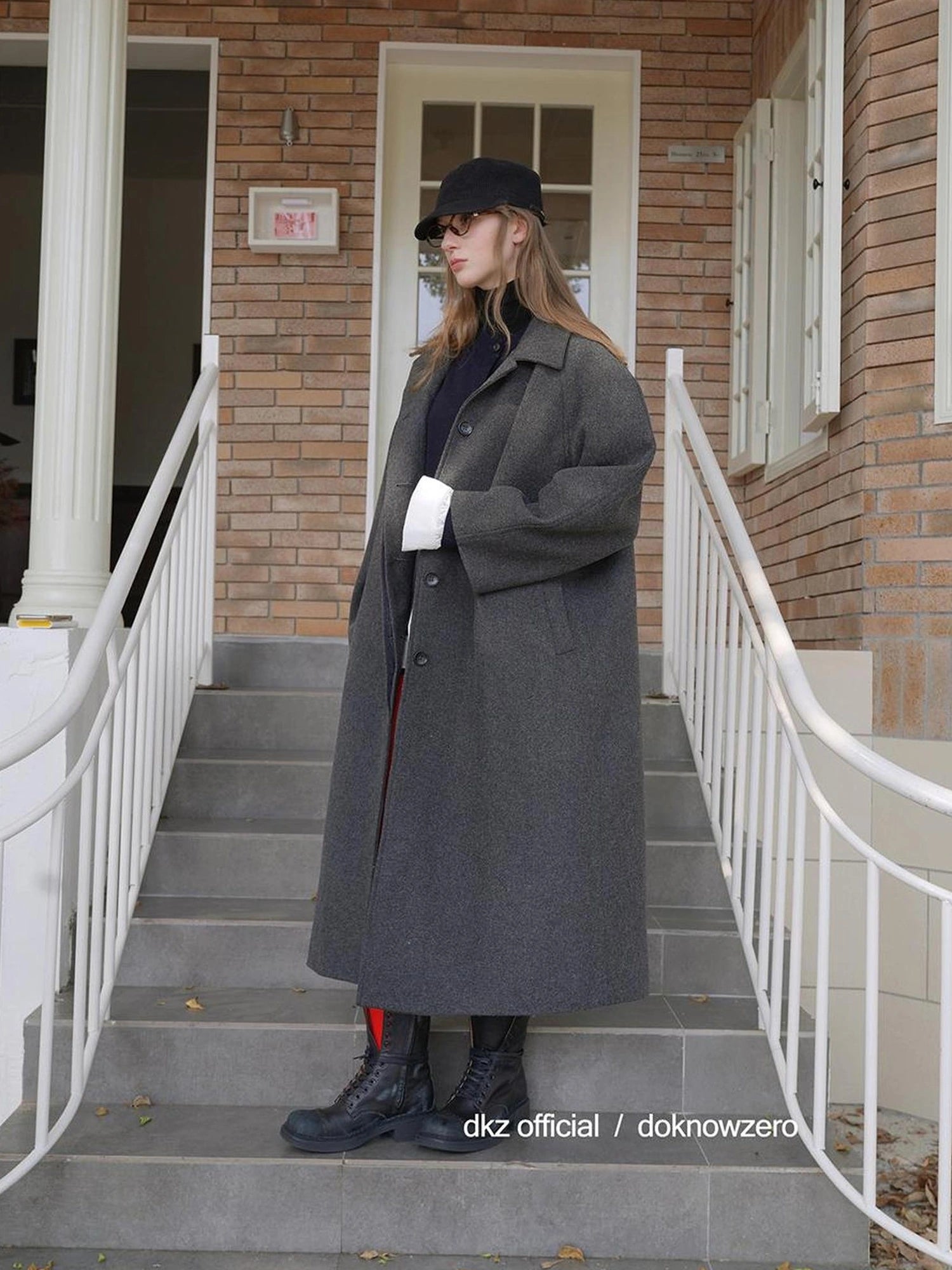 DKZ OFFICIAL Long Grey Wool Blend Coat For Women Relaxed Vintage Collar