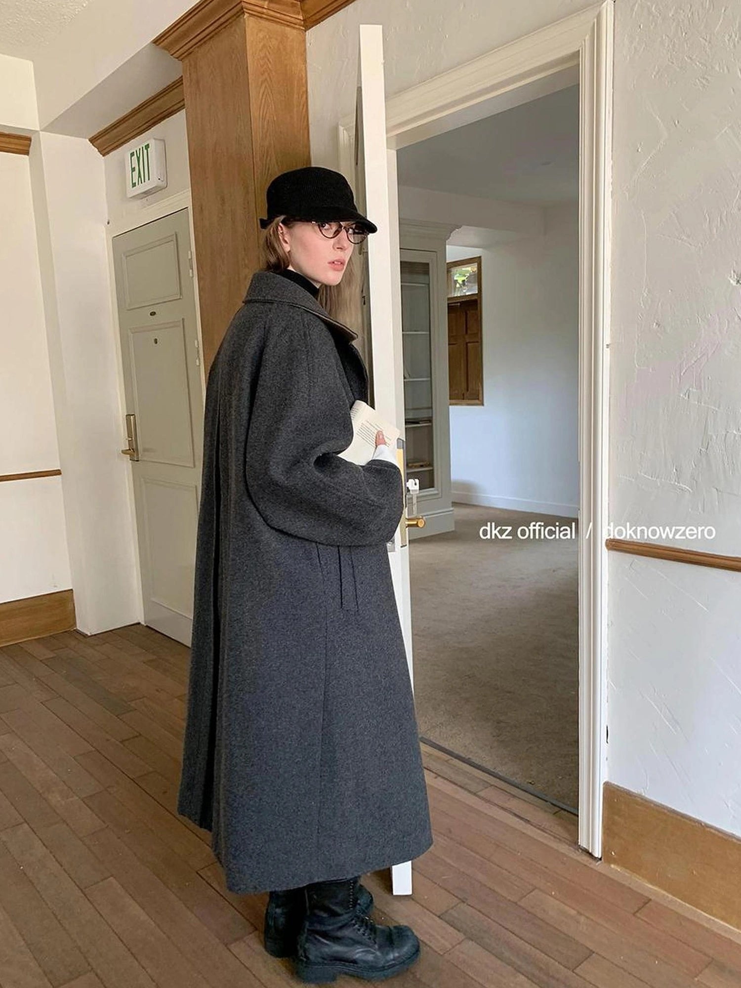 DKZ OFFICIAL Long Grey Wool Blend Coat For Women Relaxed Vintage Collar