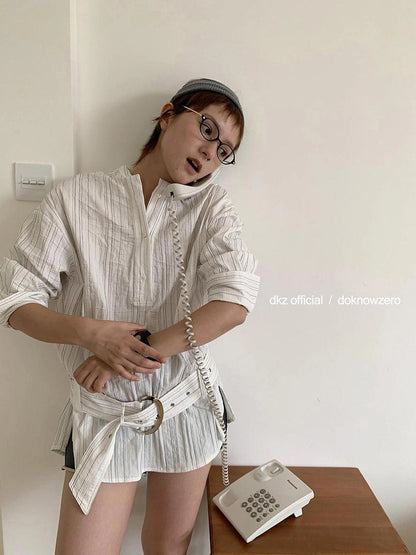 DKZ OFFICIAL Long Sleeve Striped Shirt With Belt Loose Fit Mid Length Spring Top