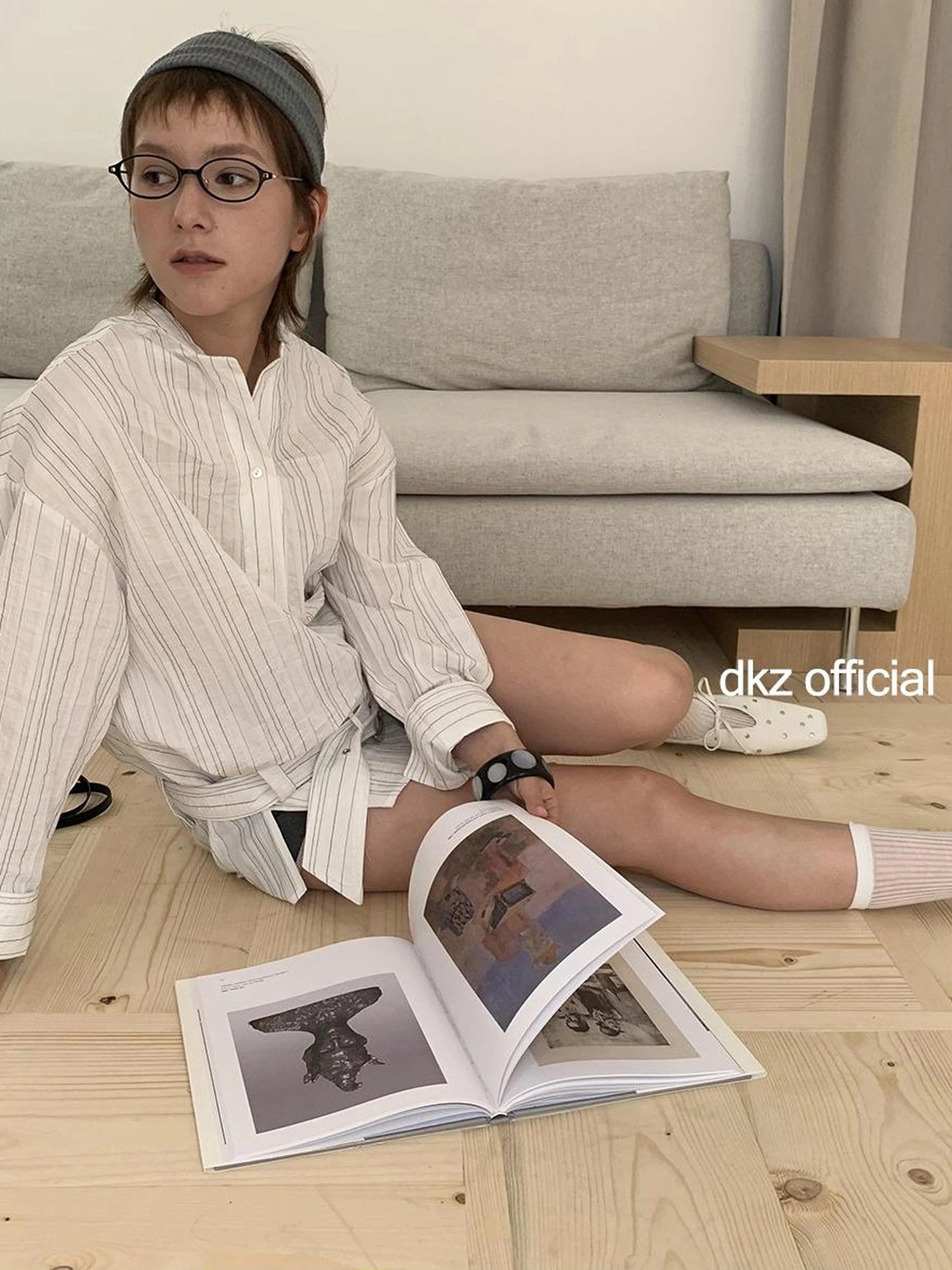 DKZ OFFICIAL Long Sleeve Striped Shirt With Belt Loose Fit Mid Length Spring Top