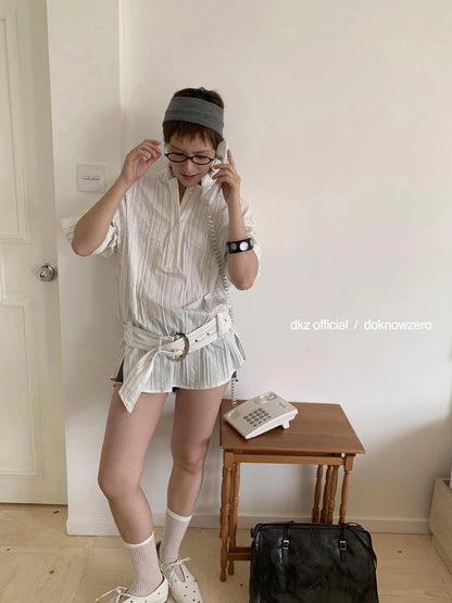 DKZ OFFICIAL Long Sleeve Striped Shirt With Belt Loose Fit Mid Length Spring Top