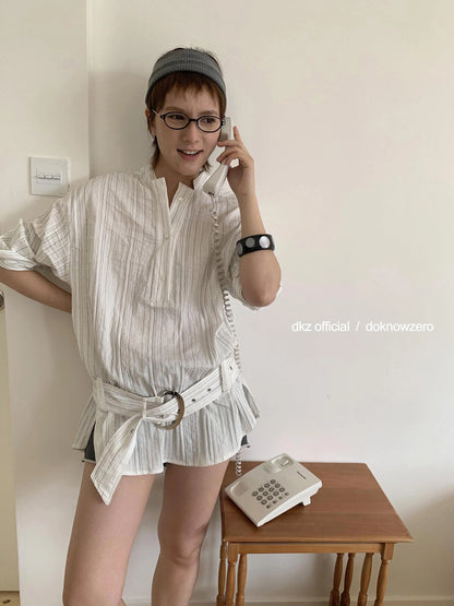 DKZ OFFICIAL Long Sleeve Striped Shirt With Belt Loose Fit Mid Length Spring Top