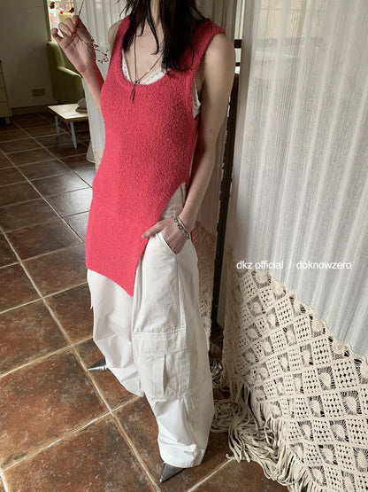 DKZ OFFICIAL Long U Neck Slit Knit Vest