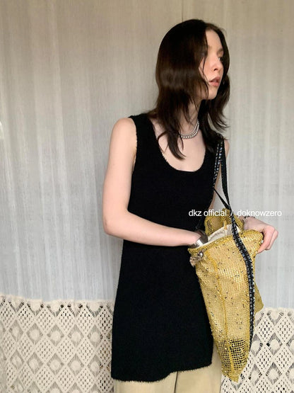 DKZ OFFICIAL Long U Neck Slit Knit Vest