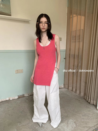 DKZ OFFICIAL Long U Neck Slit Knit Vest