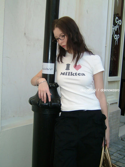 DKZ OFFICIAL Love Milktea Print Fitted Tee