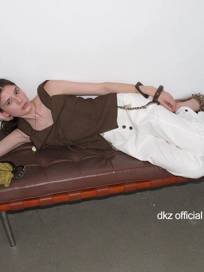 DKZ OFFICIAL Low Waist Drapey Wide Leg Linen Blend Trousers