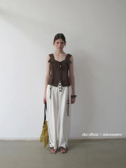 DKZ OFFICIAL Low Waist Drapey Wide Leg Linen Blend Trousers