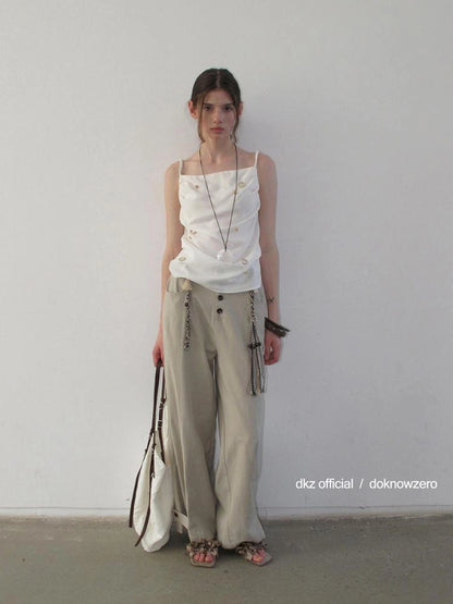 DKZ OFFICIAL Low Waist Drapey Wide Leg Linen Blend Trousers