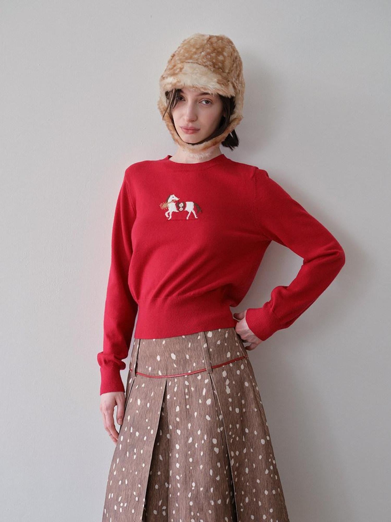 DKZ OFFICIAL Lucky Pony Jacquard Crewneck Long Sleeve Women&