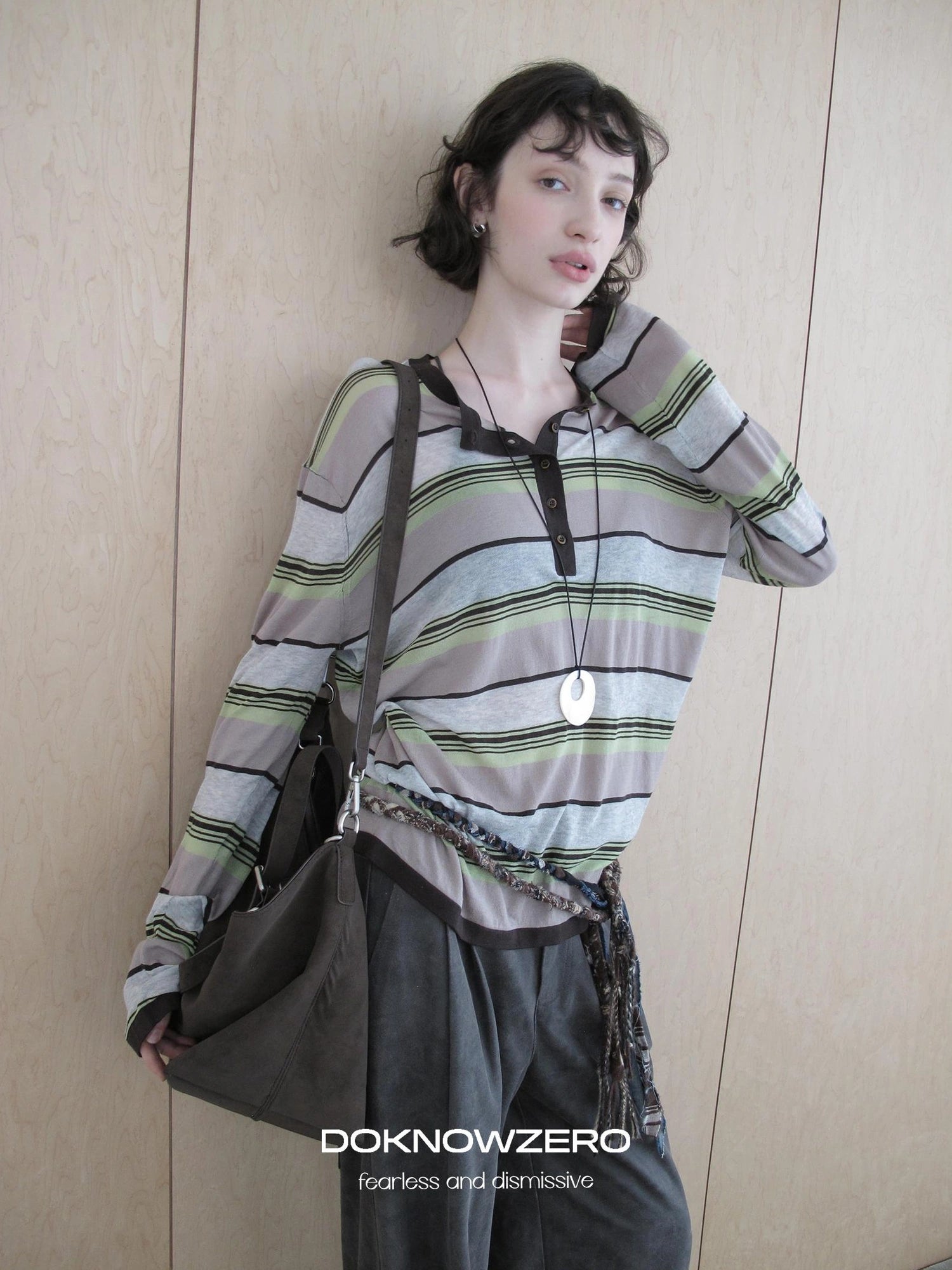 DKZ OFFICIAL Lycocell Blend Striped Henley Long Sleeve Tee