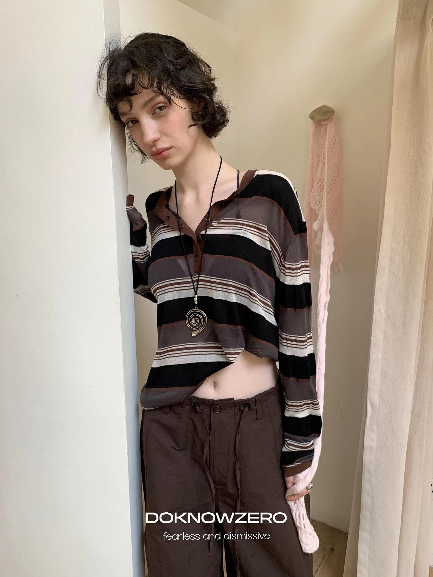 DKZ OFFICIAL Lycocell Blend Striped Henley Long Sleeve Tee