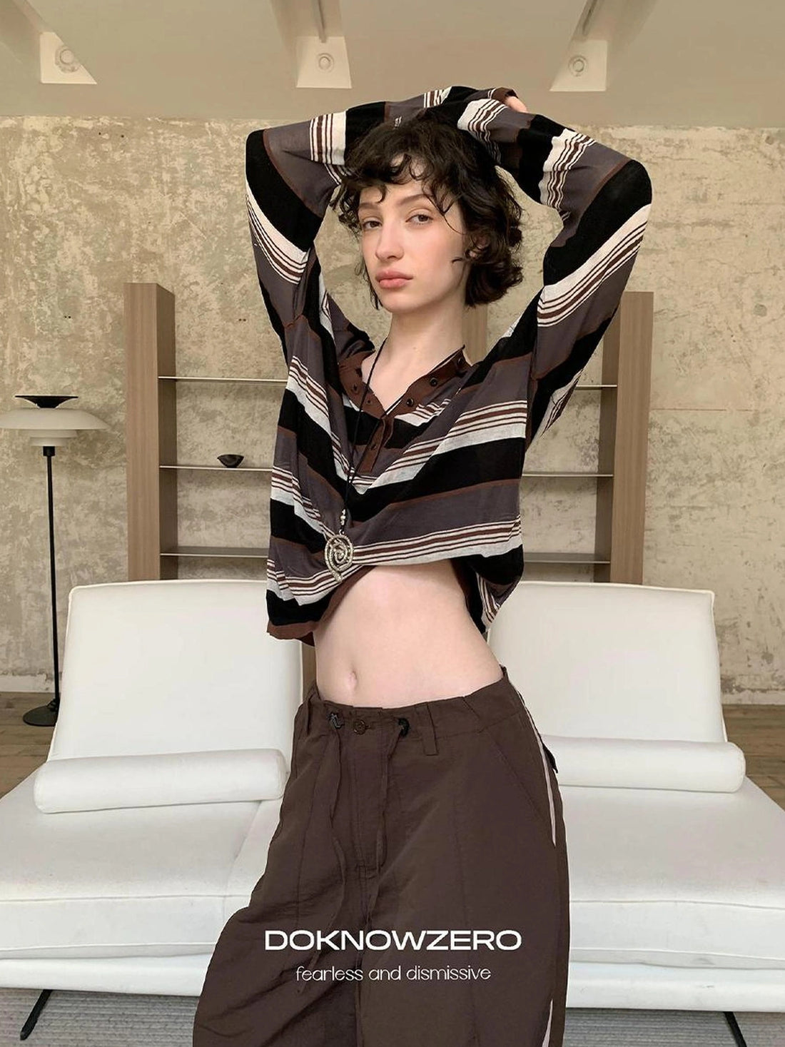 DKZ OFFICIAL Lycocell Blend Striped Henley Long Sleeve Tee