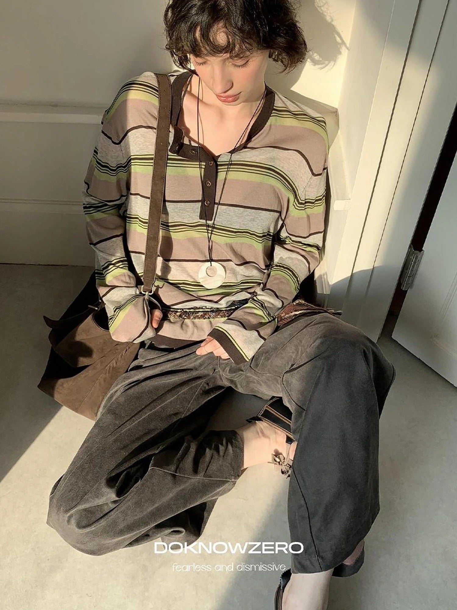 DKZ OFFICIAL Lycocell Blend Striped Henley Long Sleeve Tee