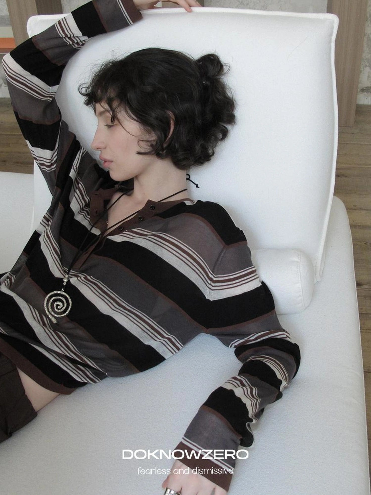 DKZ OFFICIAL Lycocell Blend Striped Henley Long Sleeve Tee