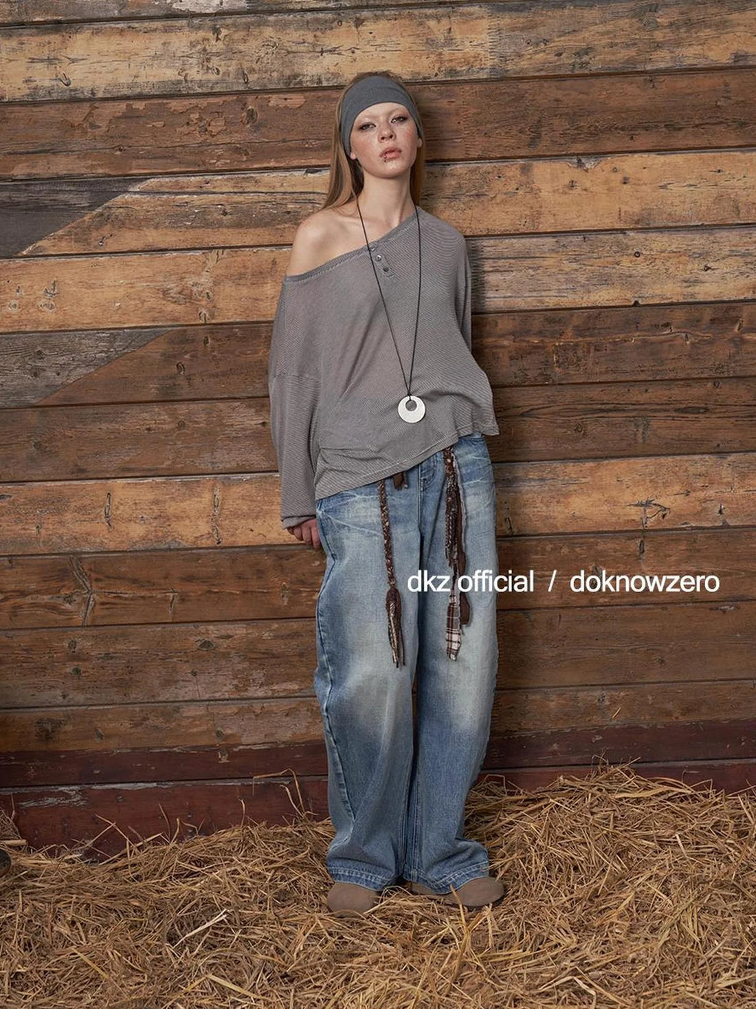 DKZ OFFICIAL Lyocell Wool Off Shoulder Striped Long Sleeve Top