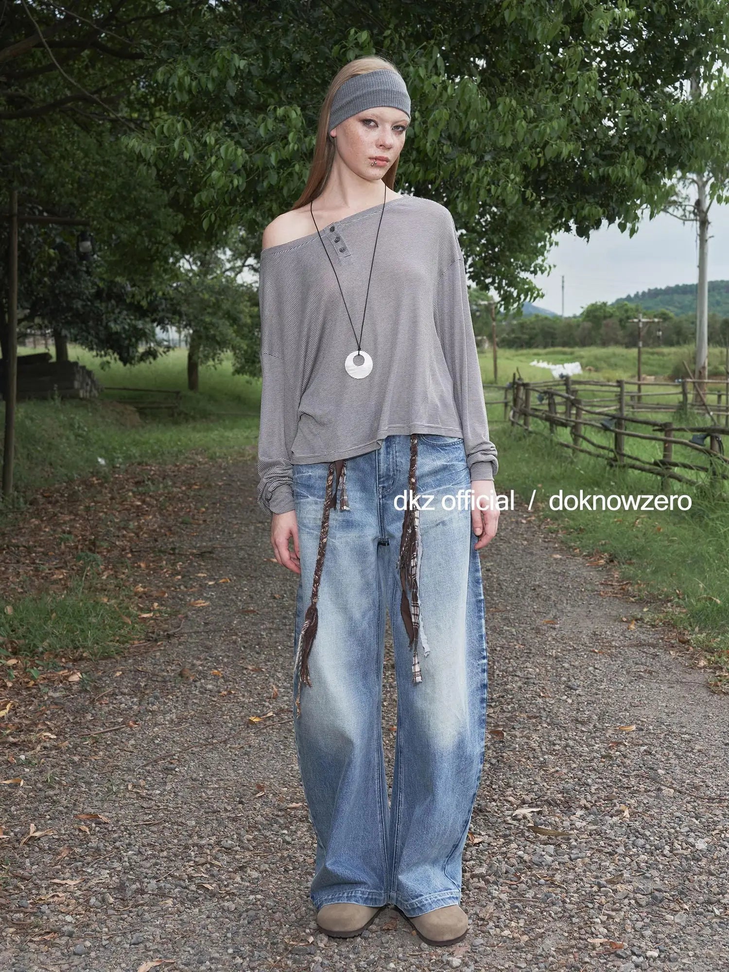 DKZ OFFICIAL Lyocell Wool Off Shoulder Striped Long Sleeve Top