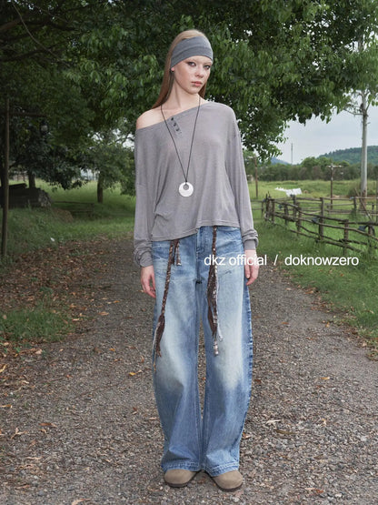 DKZ OFFICIAL Lyocell Wool Off Shoulder Striped Long Sleeve Top