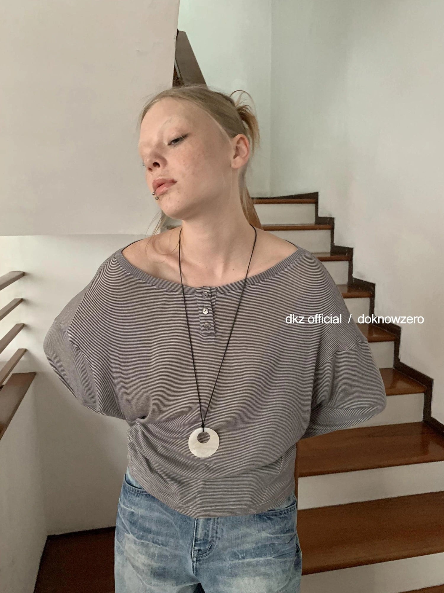 DKZ OFFICIAL Lyocell Wool Off Shoulder Striped Long Sleeve Top