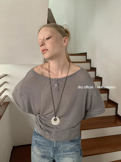 DKZ OFFICIAL Lyocell Wool Off Shoulder Striped Long Sleeve Top