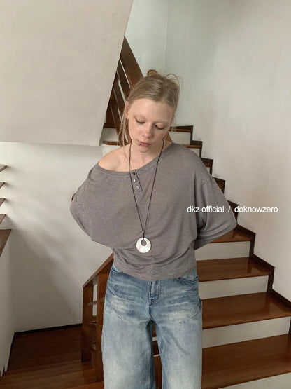 DKZ OFFICIAL Lyocell Wool Off Shoulder Striped Long Sleeve Top