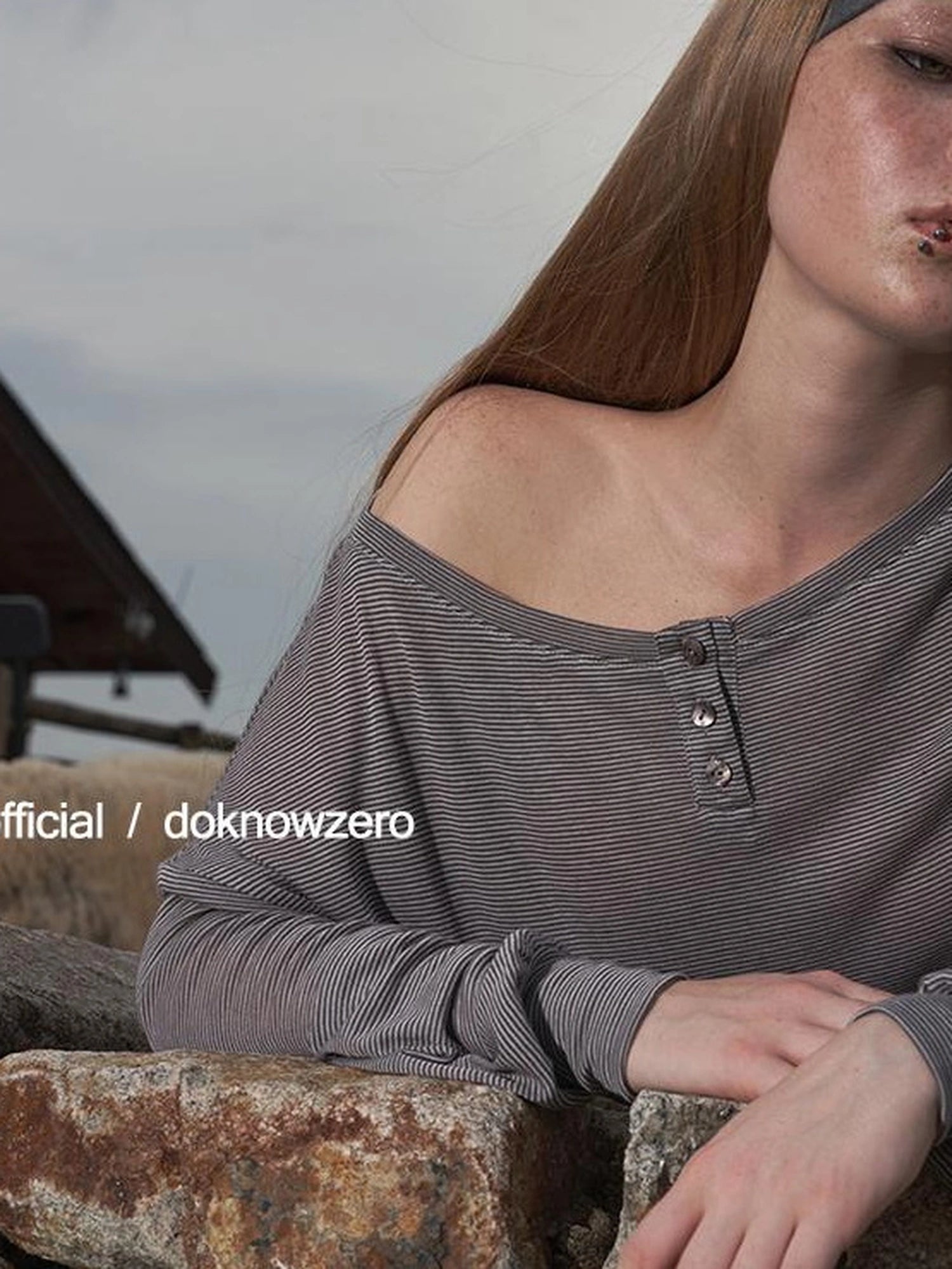DKZ OFFICIAL Lyocell Wool Off Shoulder Striped Long Sleeve Top