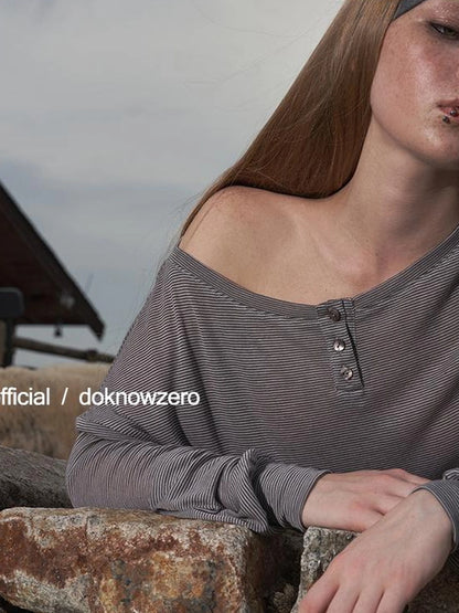 DKZ OFFICIAL Lyocell Wool Off Shoulder Striped Long Sleeve Top
