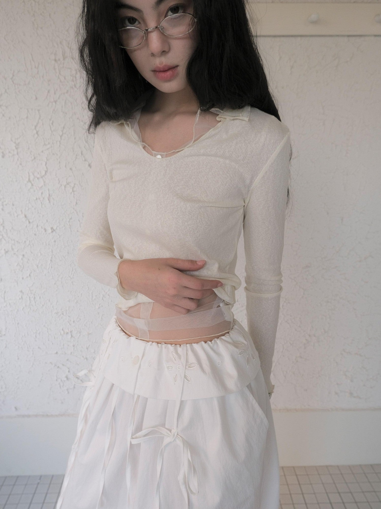 DKZ OFFICIAL Mesh V-neck Knit Hooded Two Piece Women&