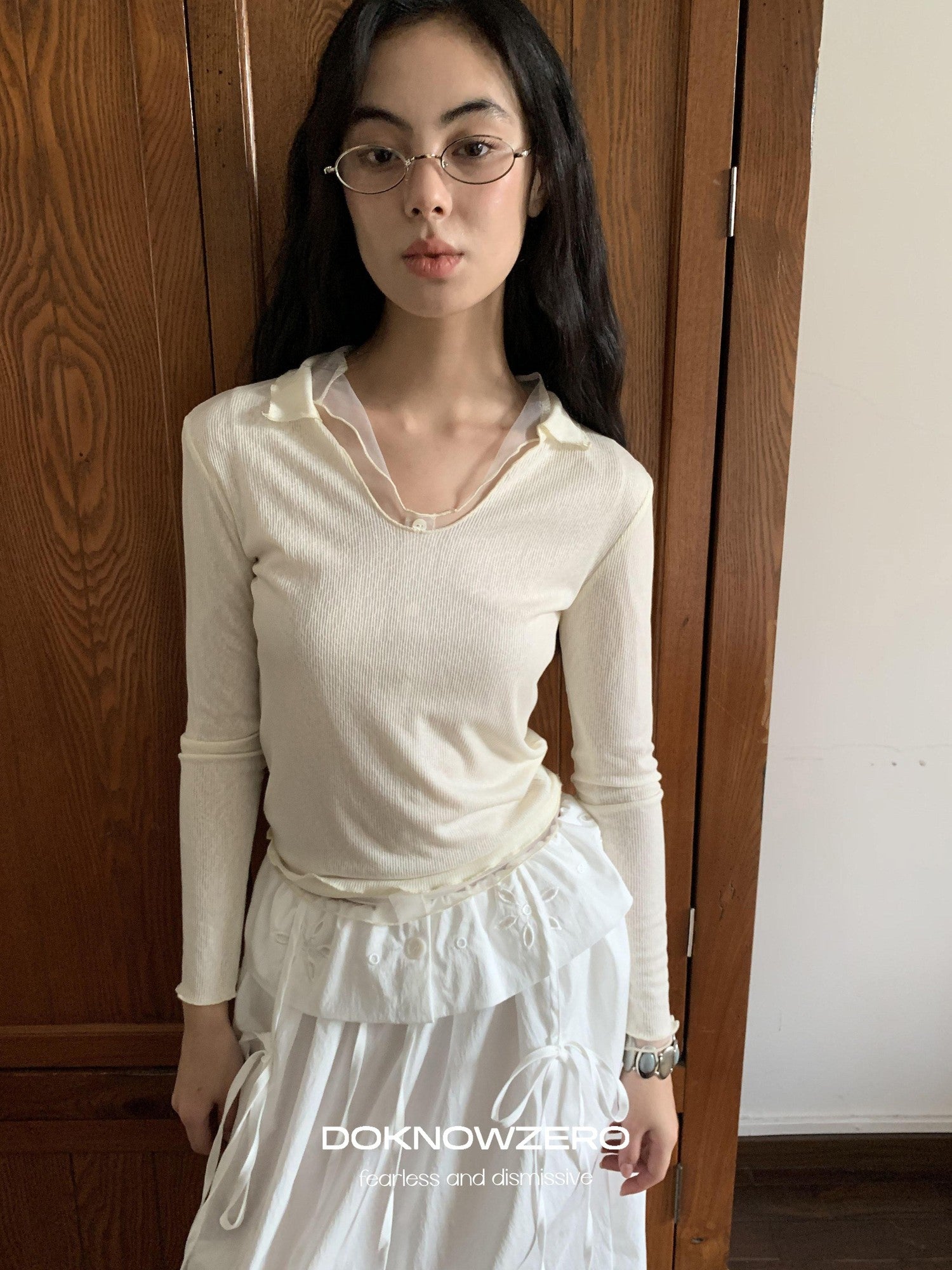 DKZ OFFICIAL Mesh V-neck Knit Hooded Two Piece Women&