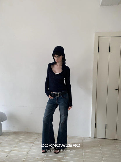 DKZ OFFICIAL Mid Rise Vintage Straight Leg Jeans In Dark Blue