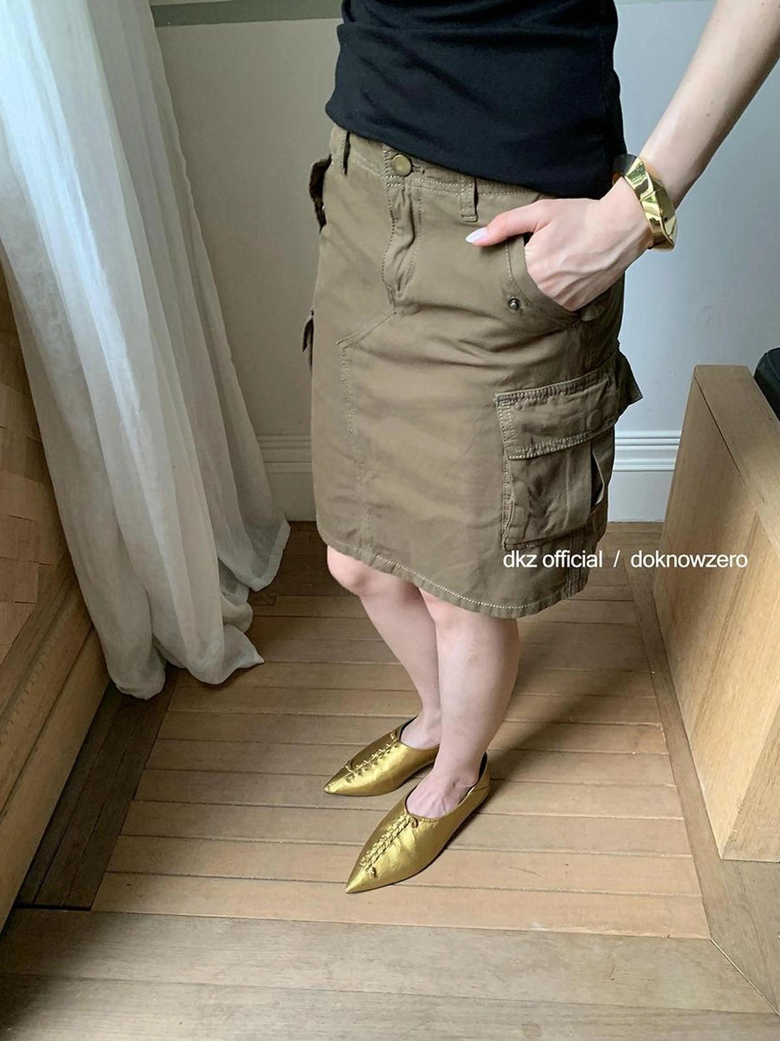 DKZ OFFICIAL Military Green Cotton Linen Midi Skirt With Pockets